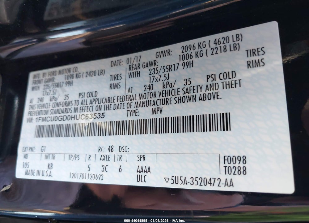2017 FORD ESCAPE SE VIN: 1FMCU0GD0HUC63535