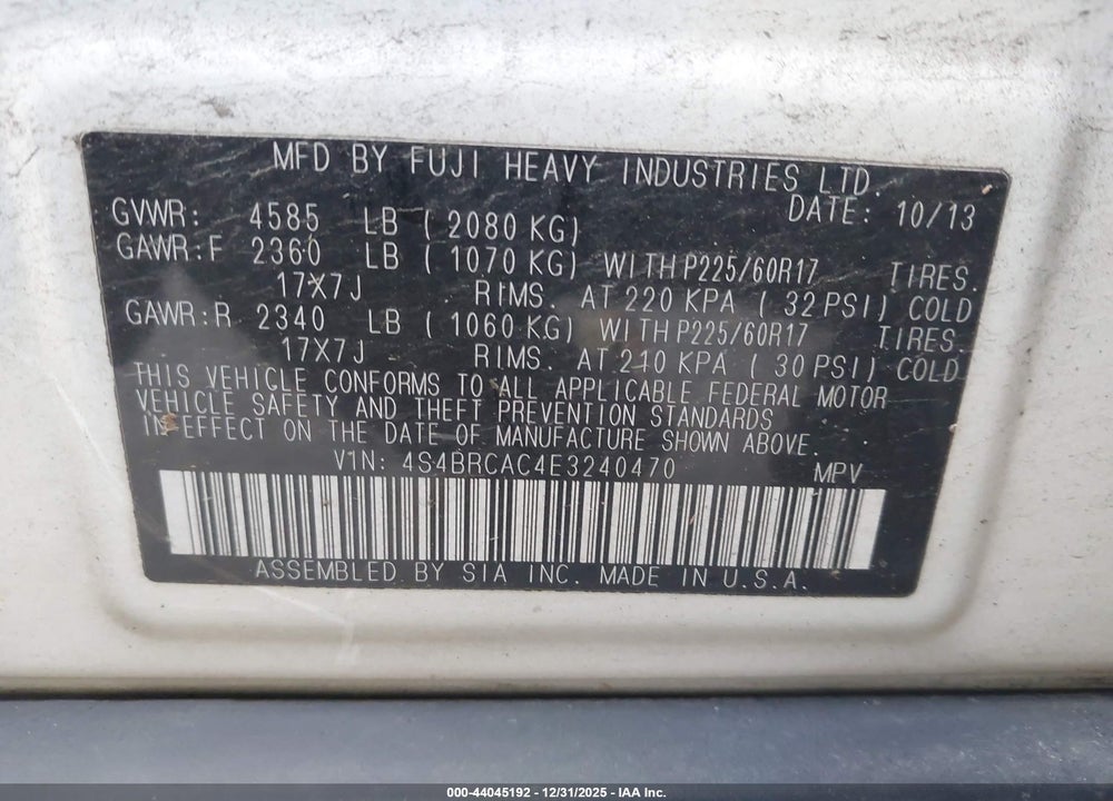2014 SUBARU OUTBACK 2.5I VIN: 4S4BRCAC4E3240470