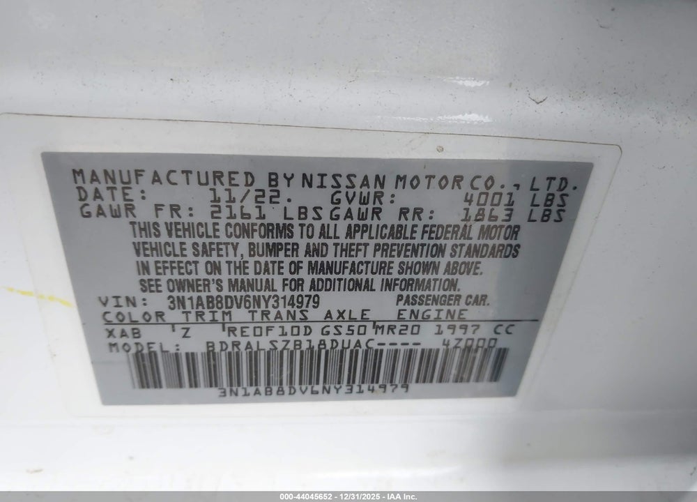 2022 NISSAN SENTRA SR XTRONIC CVT VIN: 3N1AB8DV6NY314979