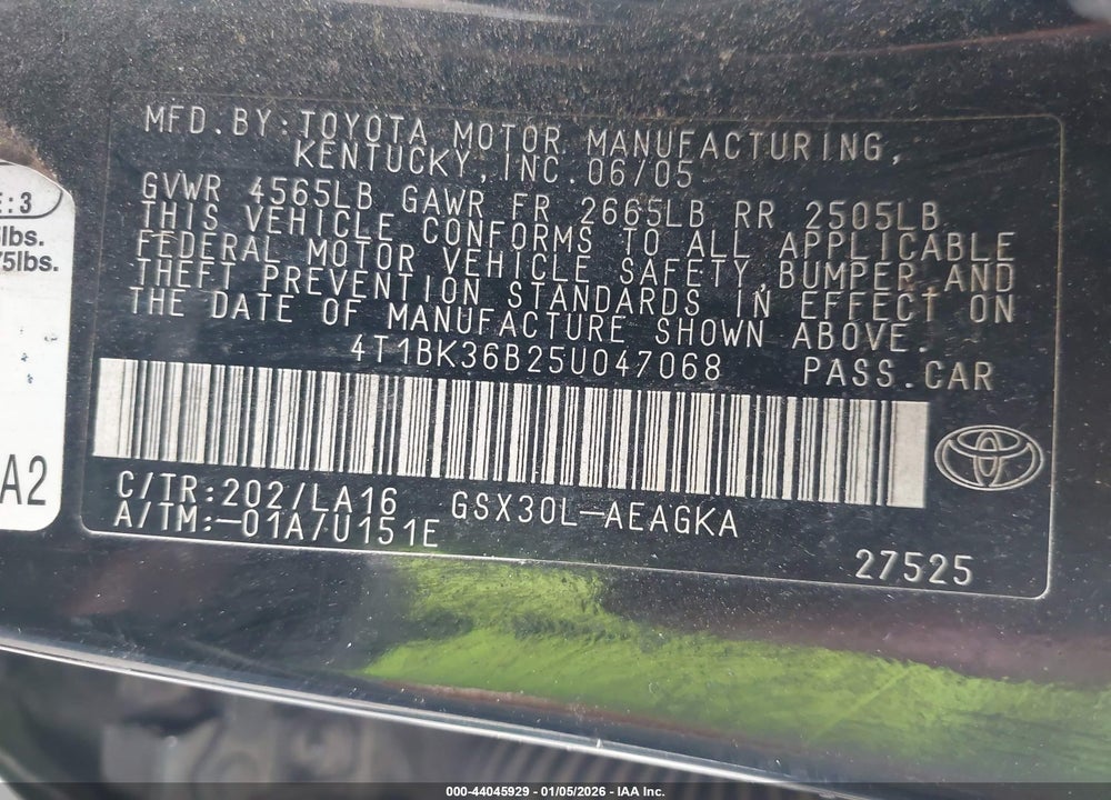 2005 TOYOTA AVALON XLS VIN: 4T1BK36B25U047068