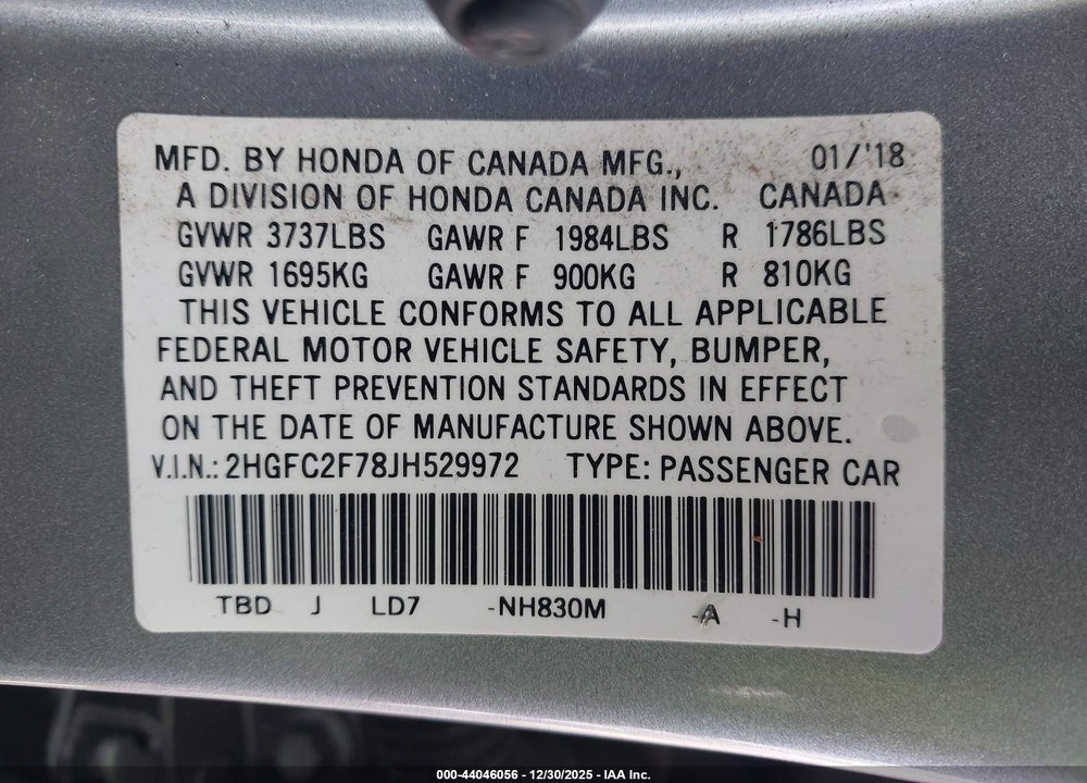 2018 HONDA CIVIC EX VIN: 2HGFC2F78JH529972