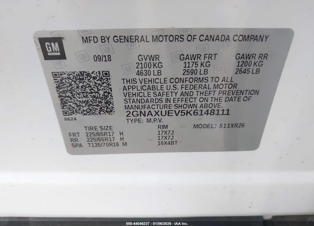 2019 CHEVROLET EQUINOX LT VIN: 2GNAXUEV5K6148111
