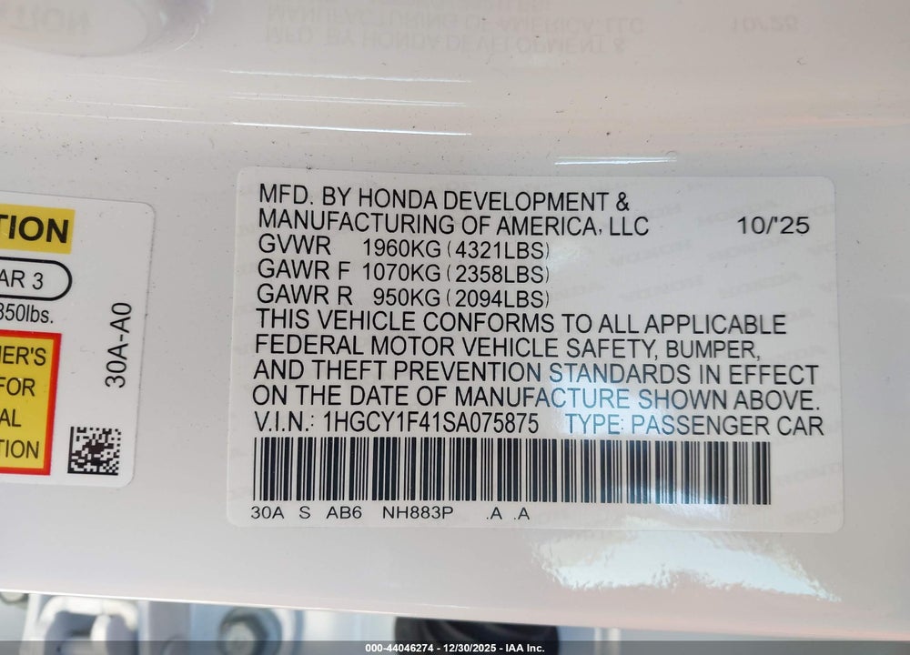 2025 HONDA ACCORD SE VIN: 1HGCY1F41SA075875