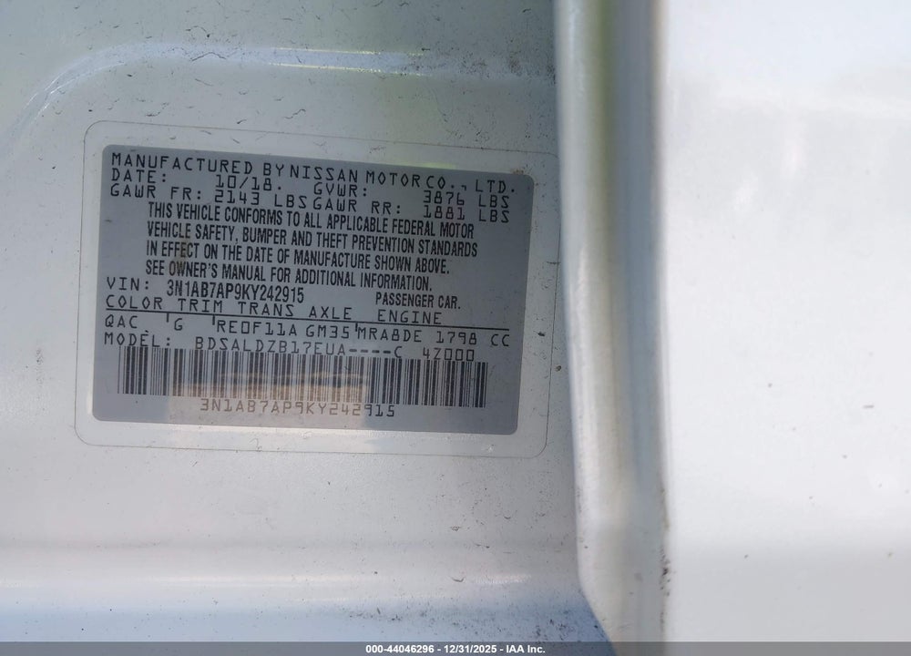 2019 NISSAN SENTRA SV VIN: 3N1AB7AP9KY242915