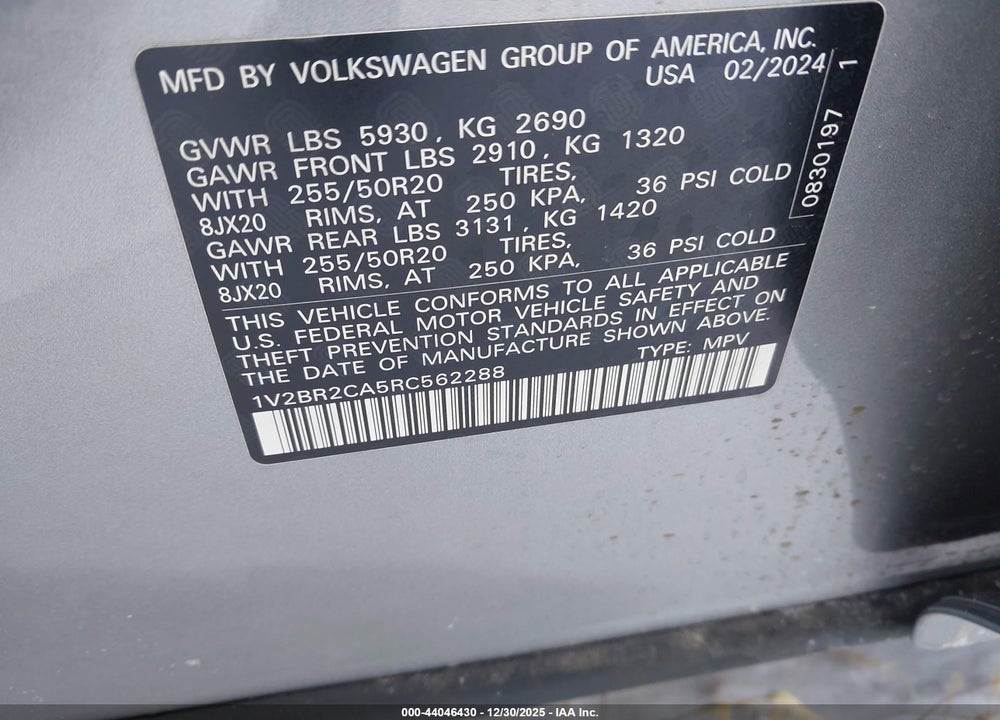 2024 VOLKSWAGEN ATLAS SEL VIN: 1V2BR2CA5RC562288