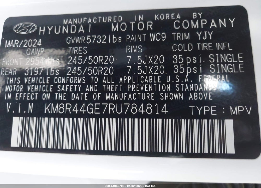 2024 HYUNDAI PALISADE SEL VIN: KM8R44GE7RU784814