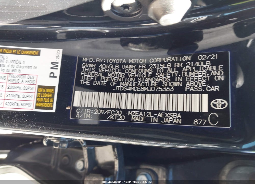 2021 TOYOTA COROLLA SE VIN: JTDS4MCE8MJ075363