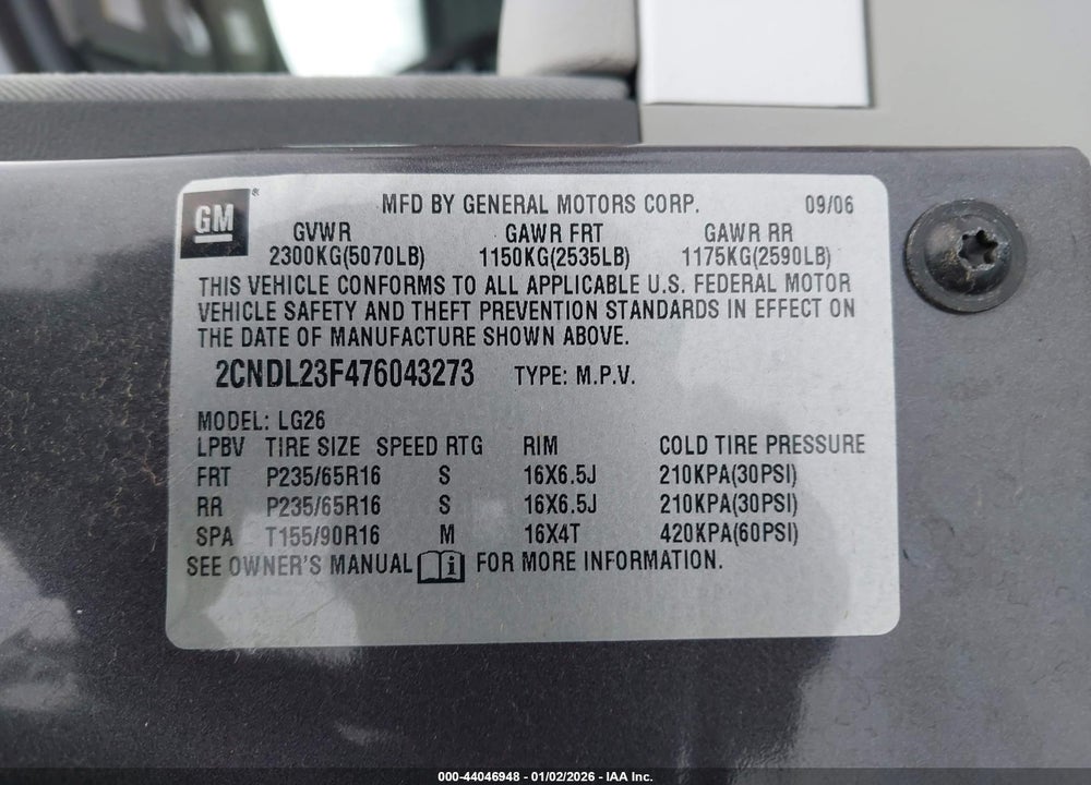 2007 CHEVROLET EQUINOX LS VIN: 2CNDL23F476043273