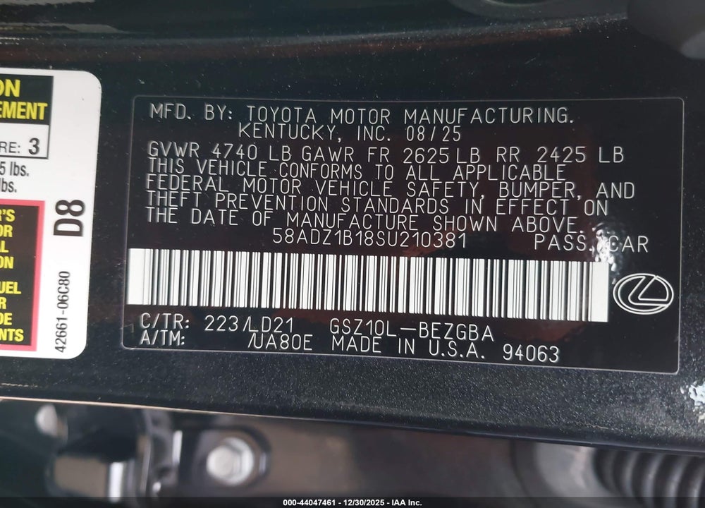 2025 LEXUS ES 350 VIN: 58ADZ1B18SU210381