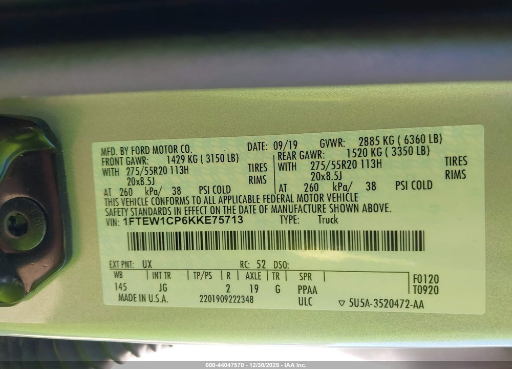 2019 FORD F-150 XL VIN: 1FTEW1CP6KKE75713
