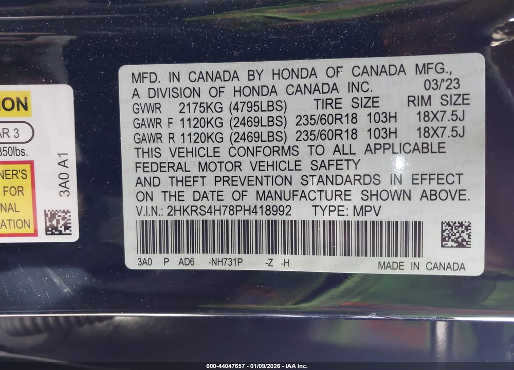 2023 HONDA CR-V EX-L AWD VIN: 2HKRS4H78PH418992