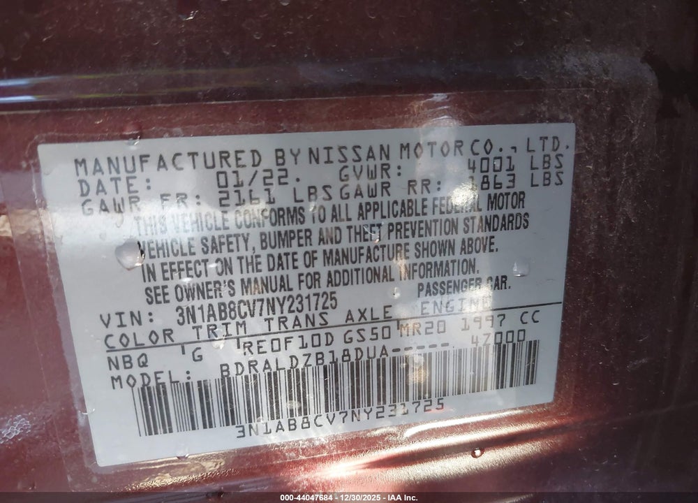 2022 NISSAN SENTRA SV XTRONIC CVT VIN: 3N1AB8CV7NY231725