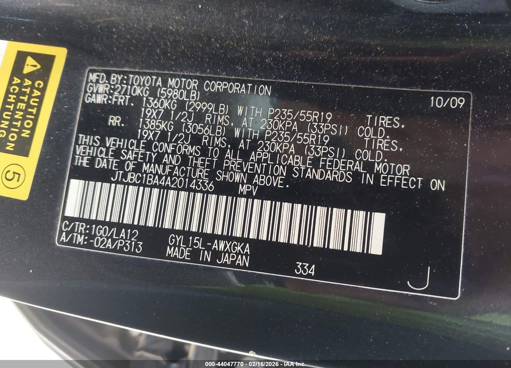 2010 LEXUS RX 450H VIN: JTJBC1BA4A2014336