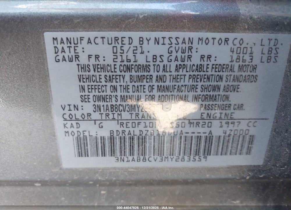 2021 NISSAN SENTRA SV XTRONIC CVT VIN: 3N1AB8CV3MY283559