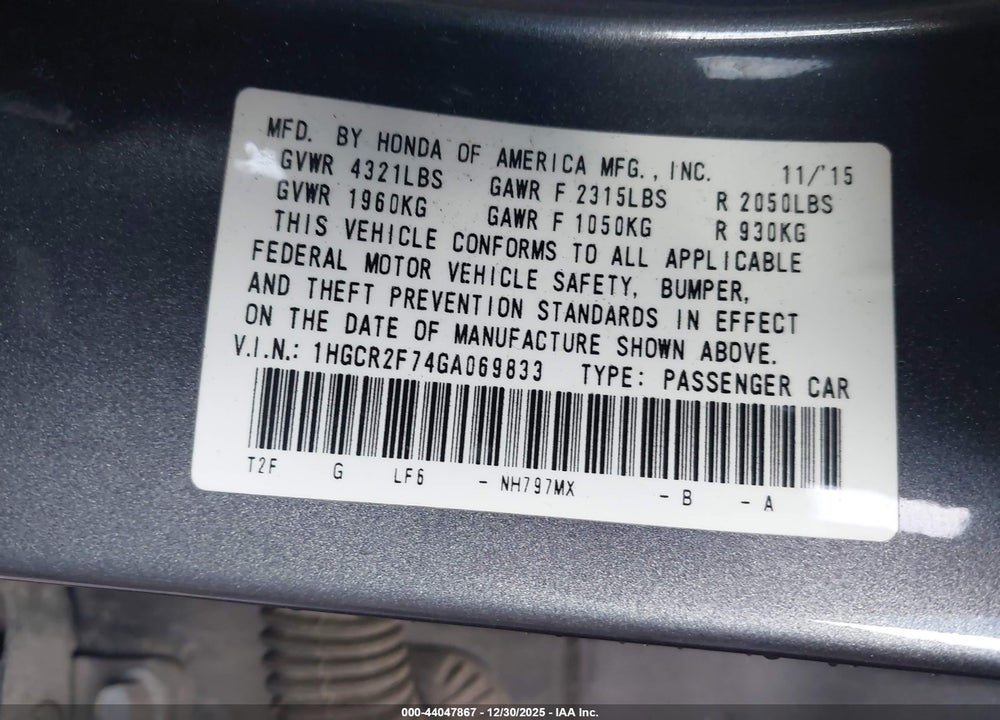 2016 HONDA ACCORD EX VIN: 1HGCR2F74GA069833