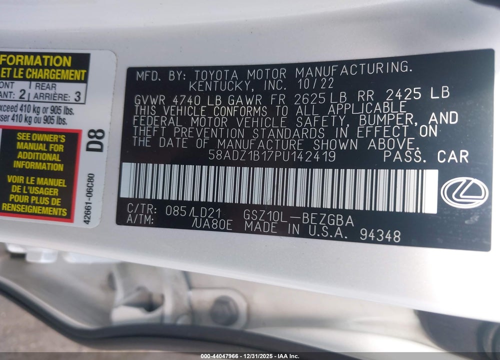2023 LEXUS ES 350 VIN: 58ADZ1B17PU142419