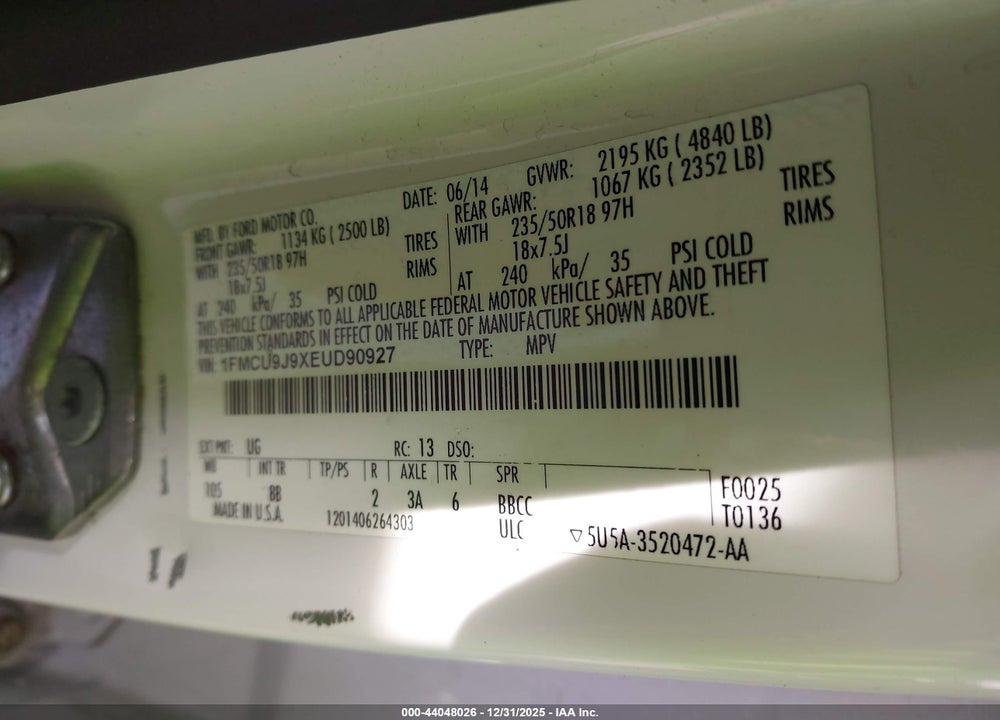 2014 FORD ESCAPE TITANIUM VIN: 1FMCU9J9XEUD90927
