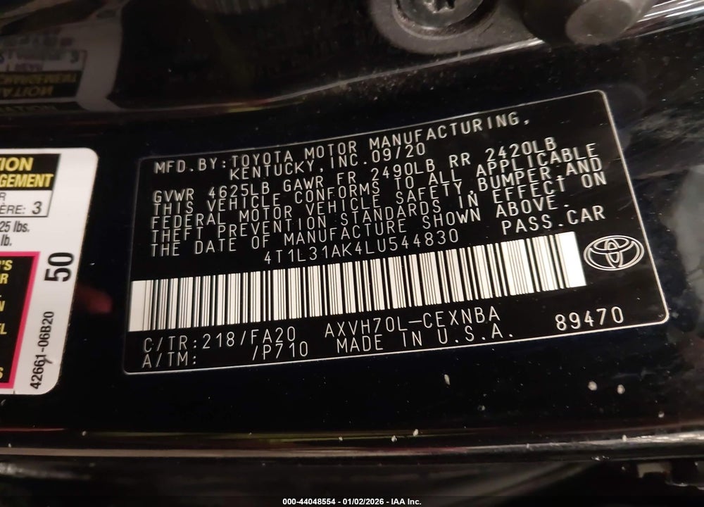 2020 TOYOTA CAMRY HYBRID LE/LE HYBRID VIN: 4T1L31AK4LU544830