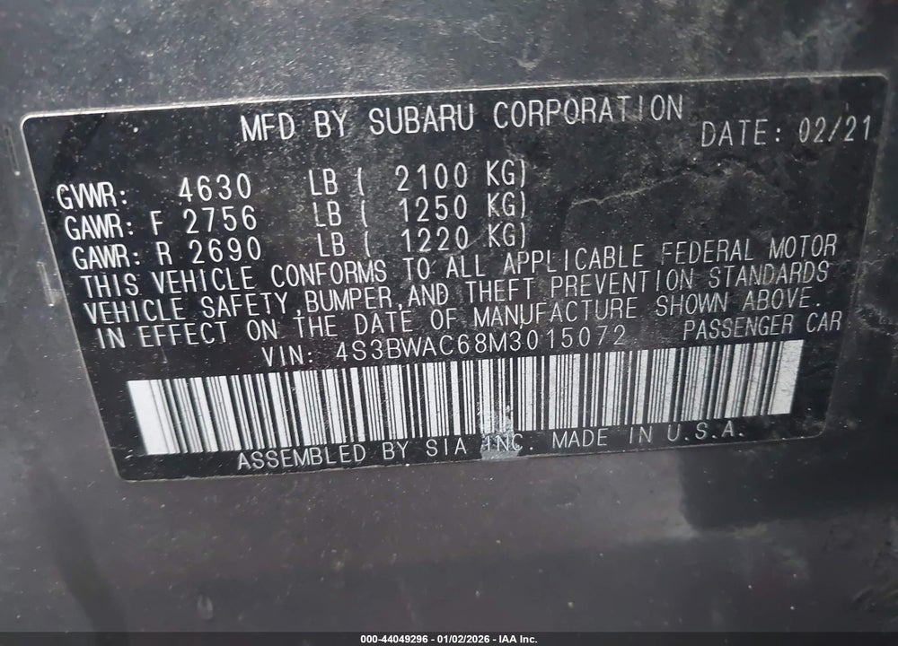 2021 SUBARU LEGACY PREMIUM VIN: 4S3BWAC68M3015072