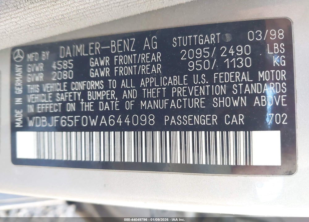 1998 MERCEDES-BENZ E 320 VIN: WDBJF65F0WA644098