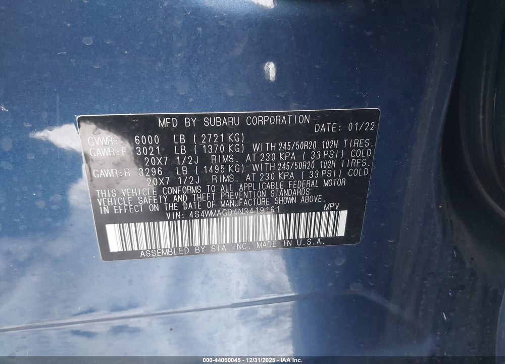 2022 SUBARU ASCENT ONYX EDITION VIN: 4S4WMAGD4N3419161