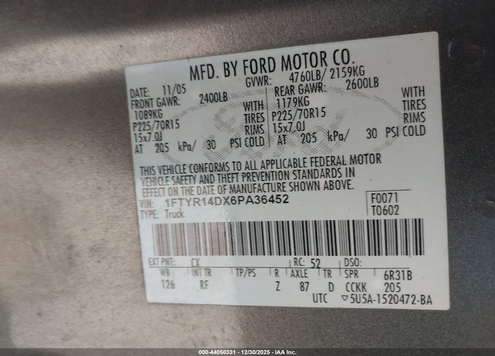 2006 FORD RANGER XL/XLT VIN: 1FTYR14DX6PA36452