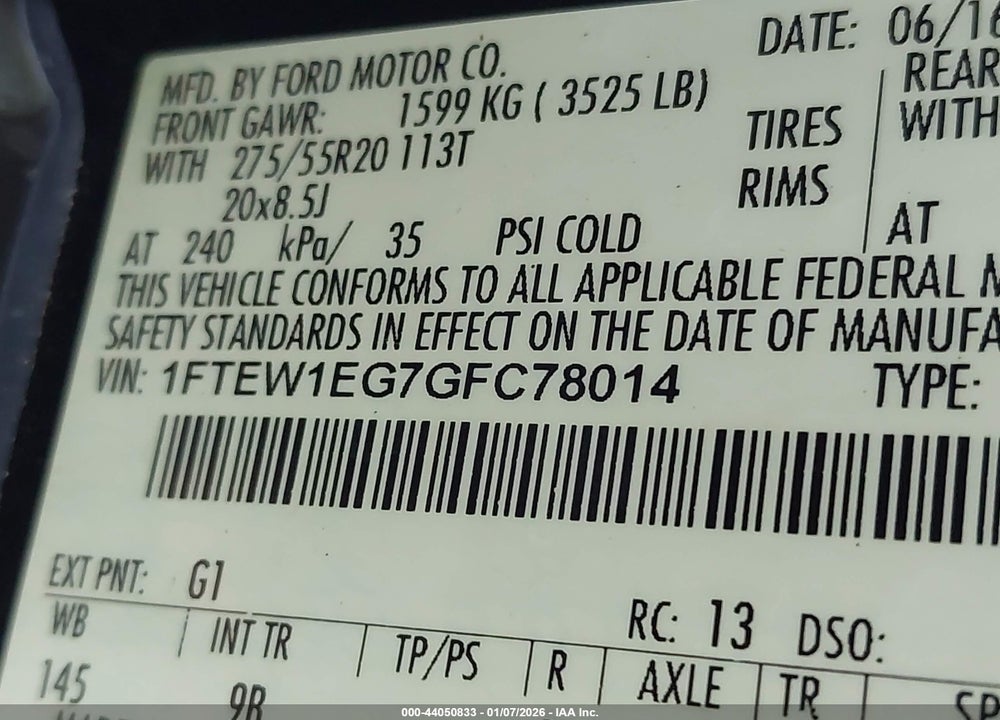 2016 FORD F-150 PLATINUM VIN: 1FTEW1EG7GFC78014