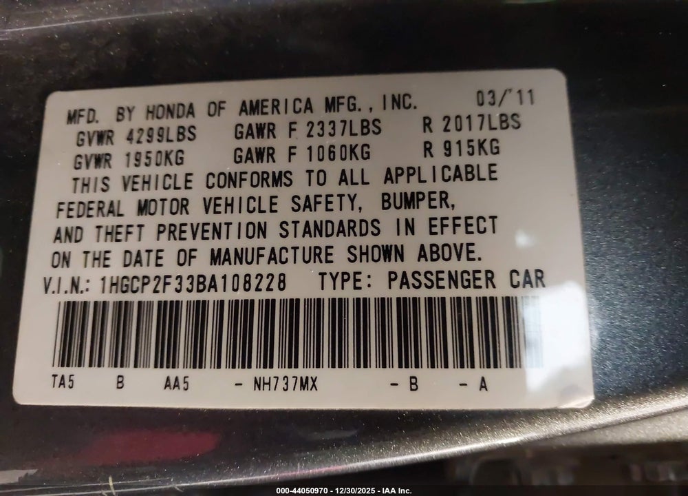 2011 HONDA ACCORD 2.4 LX VIN: 1HGCP2F33BA108228
