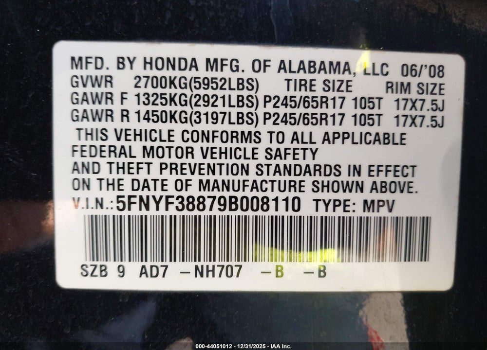 2009 HONDA PILOT TOURING VIN: 5FNYF38879B008110