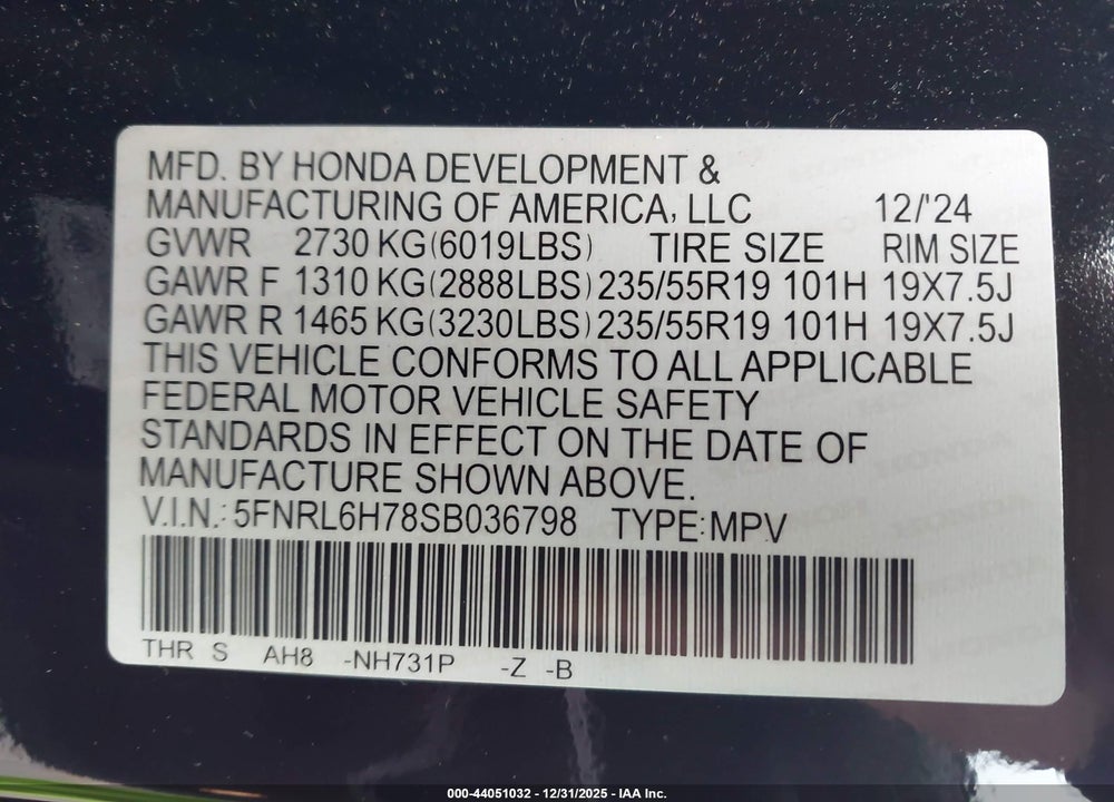 2025 HONDA ODYSSEY SPORT-L VIN: 5FNRL6H78SB036798
