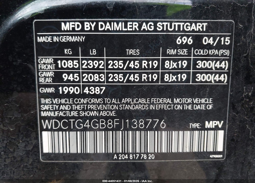 2015 MERCEDES-BENZ GLA 250 4MATIC VIN: WDCTG4GB8FJ138776