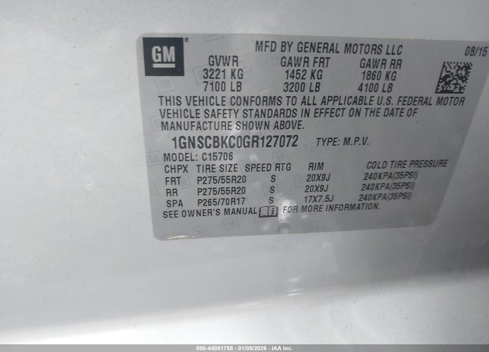 2016 CHEVROLET TAHOE LT VIN: 1GNSCBKC0GR127072
