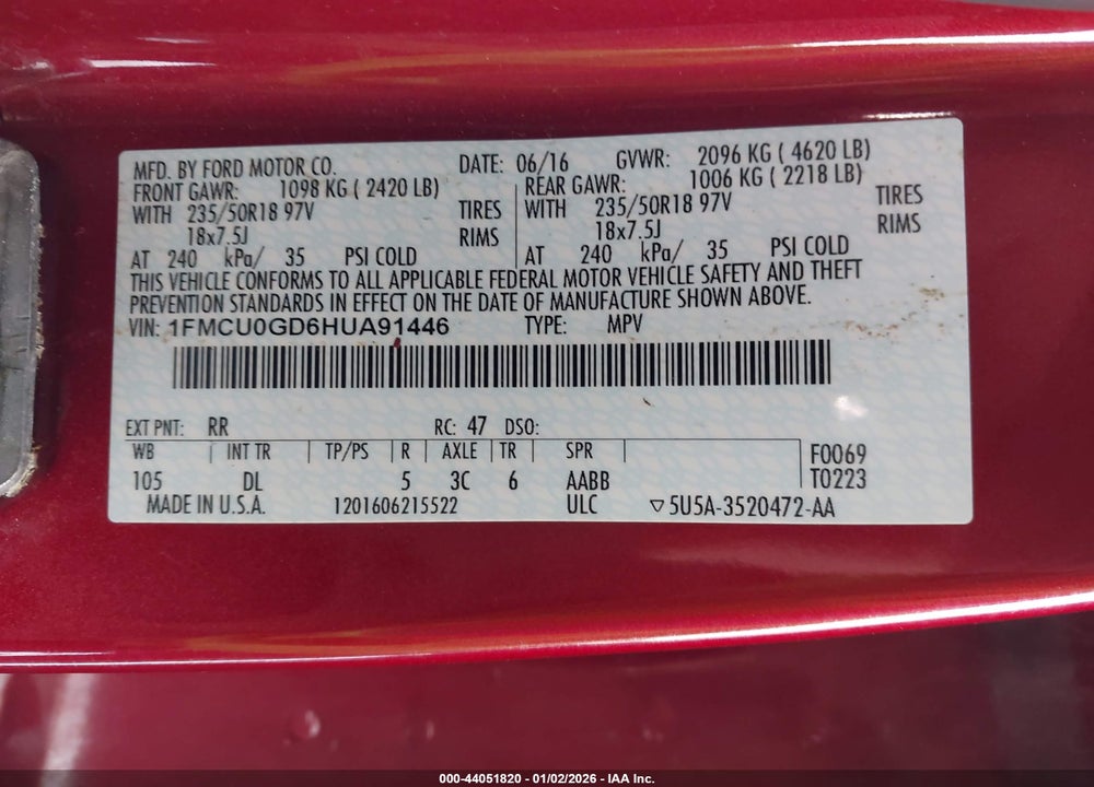 2017 FORD ESCAPE SE VIN: 1FMCU0GD6HUA91446