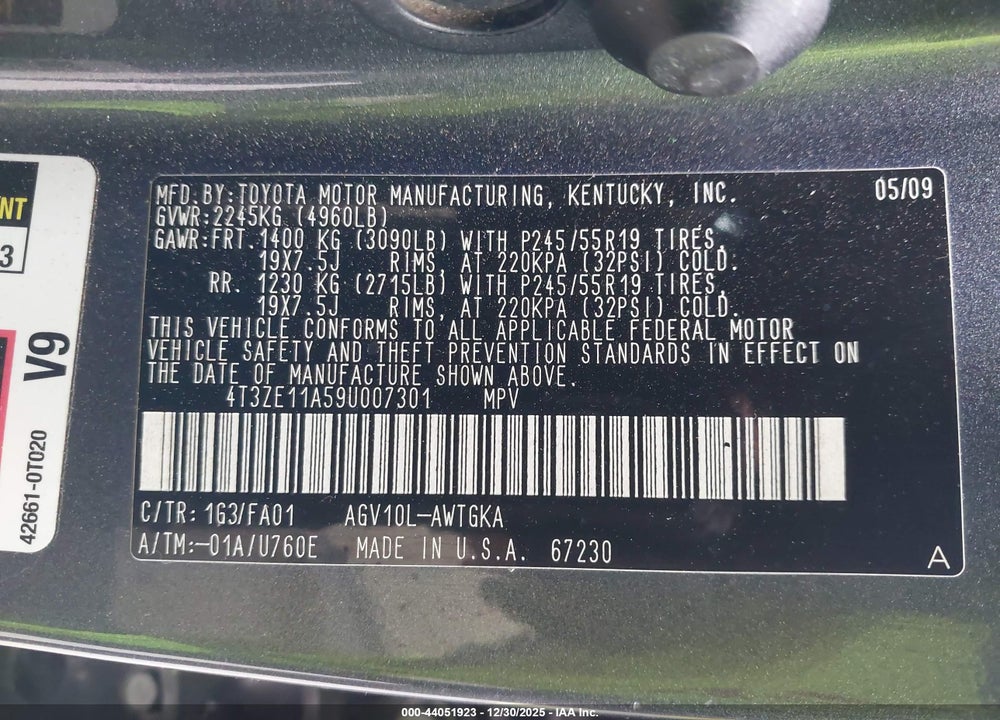 2009 TOYOTA VENZA VIN: 4T3ZE11A59U007301