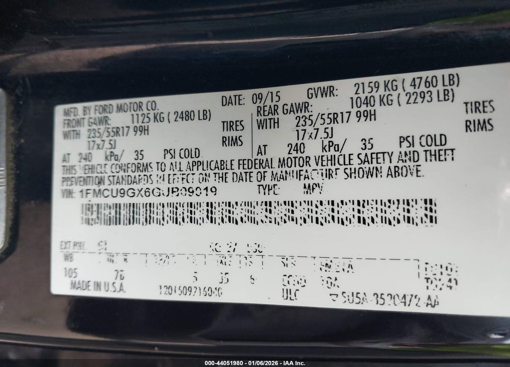 2016 FORD ESCAPE SE VIN: 1FMCU9GX6GUB09019