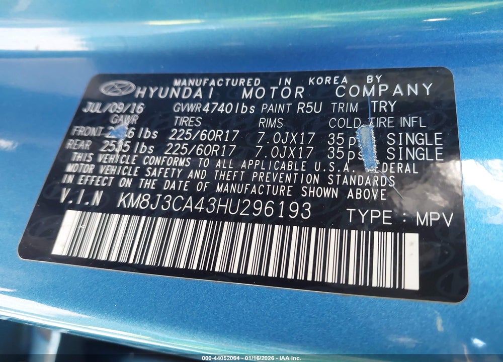2017 HYUNDAI TUCSON SE VIN: KM8J3CA43HU296193