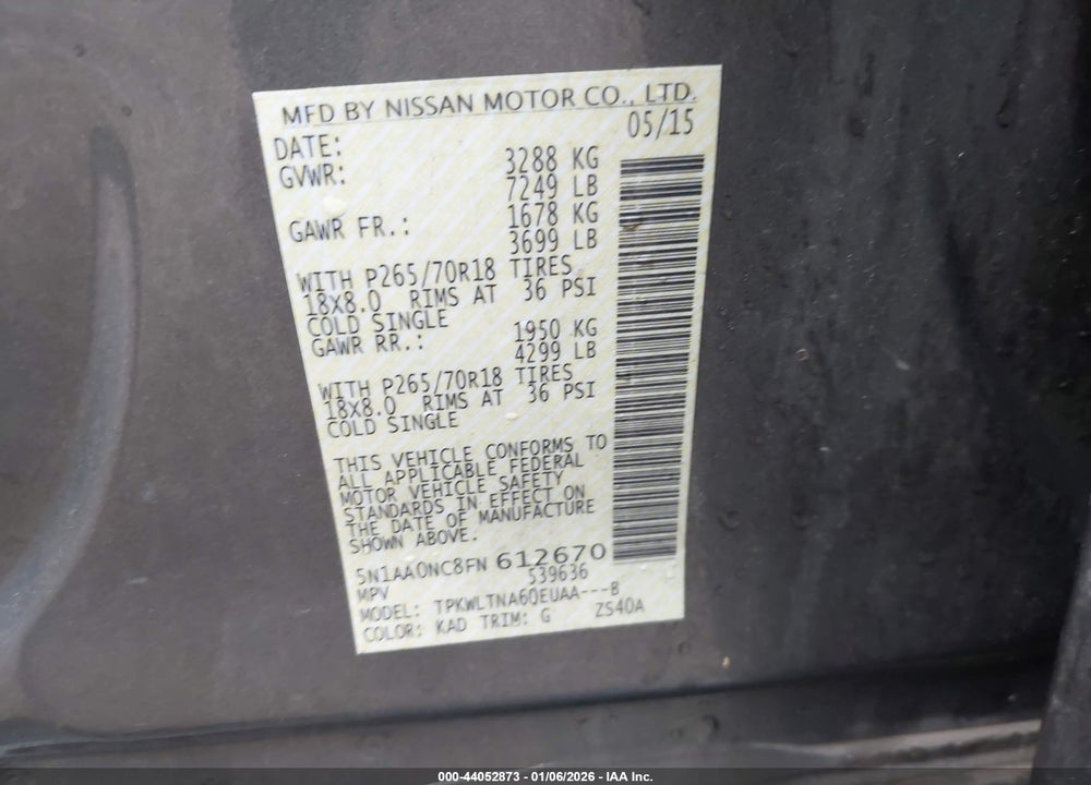 2015 NISSAN ARMADA PLATINUM/SL/SV VIN: 5N1AA0NC8FN612670