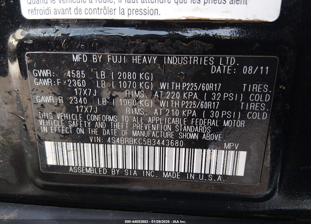 2011 SUBARU OUTBACK 2.5I LIMITED VIN: 4S4BRBKC5B3443680