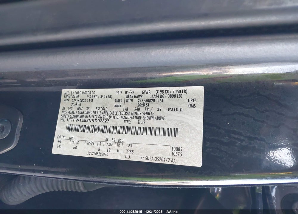 2022 FORD F-150 LARIAT VIN: 1FTFW1E82NKD92827