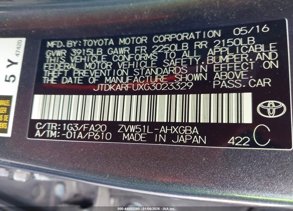 2016 TOYOTA PRIUS THREE VIN: JTDKARFUXG3023329