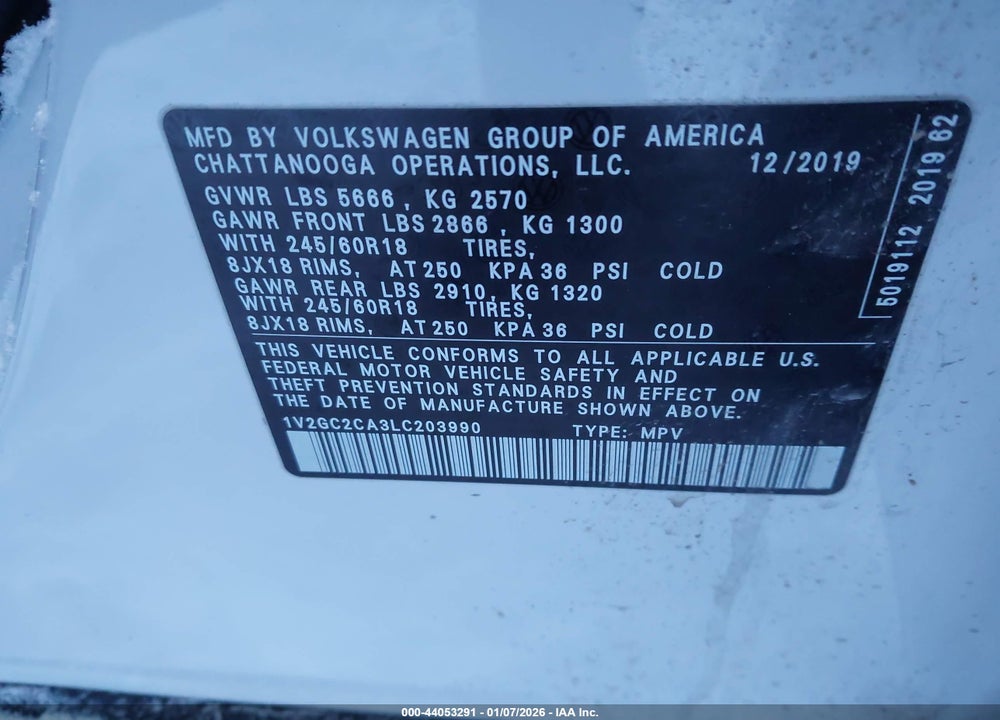 2020 VOLKSWAGEN ATLAS CROSS SPORT 2.0T S VIN: 1V2GC2CA3LC203990