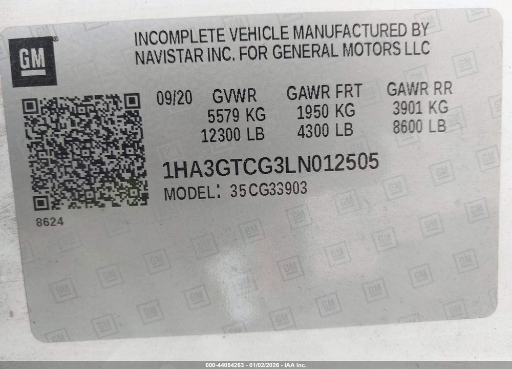 2020 CHEVROLET EXPRESS CUTAWAY WORK VAN VIN: 1HA3GTCG3LN012505