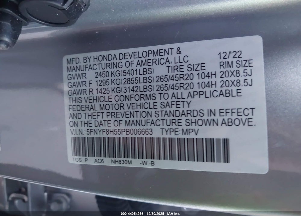 2023 HONDA PASSPORT AWD EX-L VIN: 5FNYF8H55PB006663