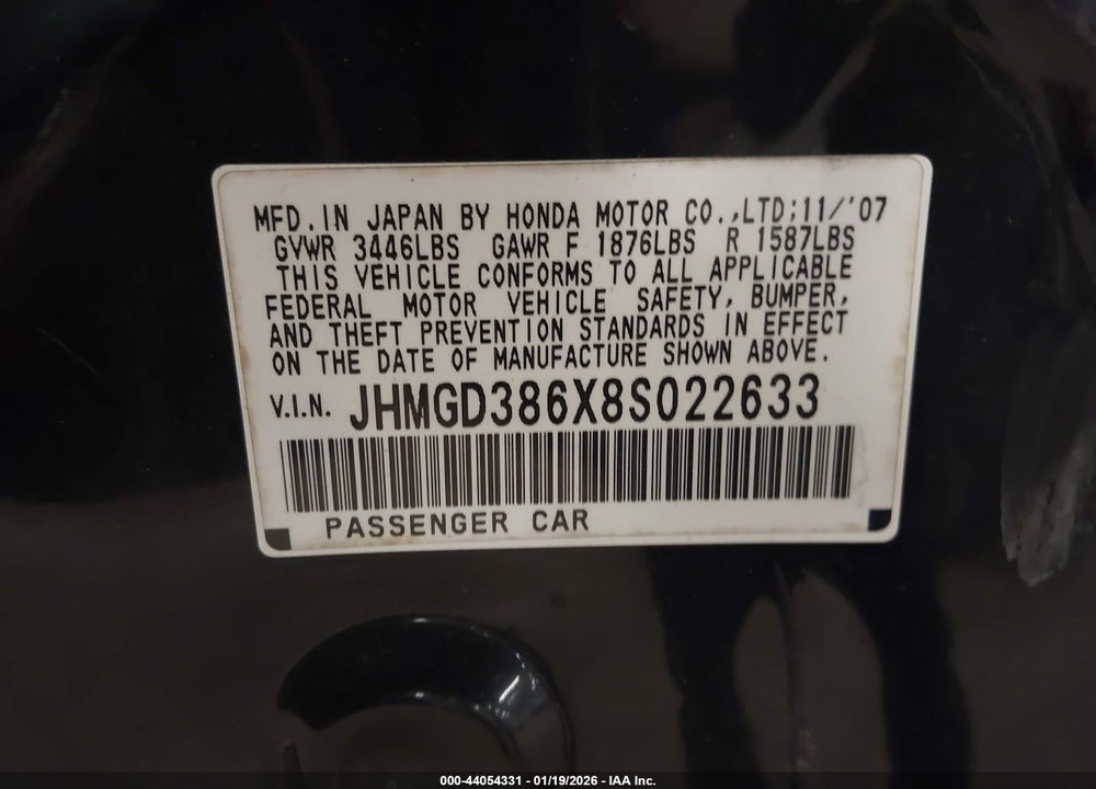 2008 HONDA FIT SPORT VIN: JHMGD386X8S022633