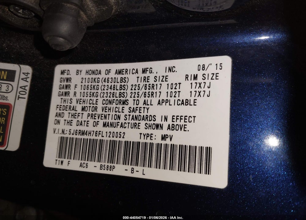 2015 HONDA CR-V EX-L VIN: 5J6RM4H76FL120052