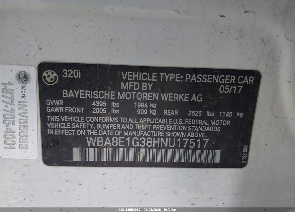 2017 BMW 320I VIN: WBA8E1G38HNU17517