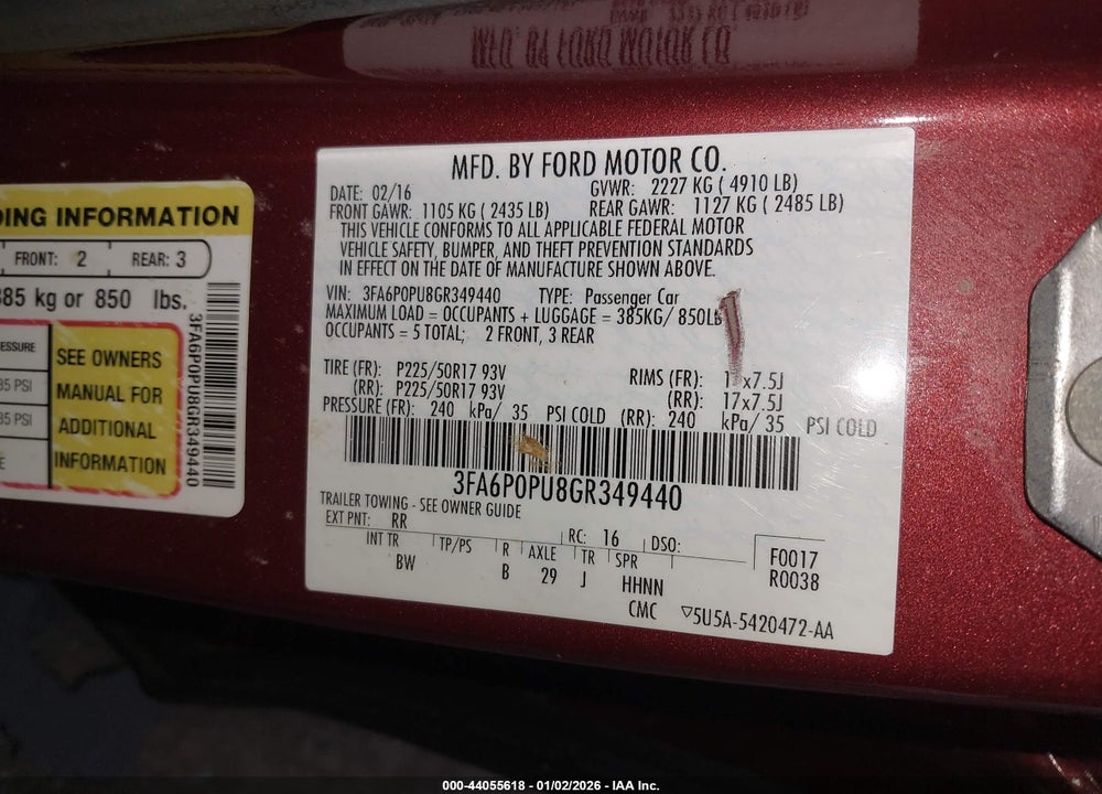 2016 FORD FUSION ENERGI SE LUXURY VIN: 3FA6P0PU8GR349440