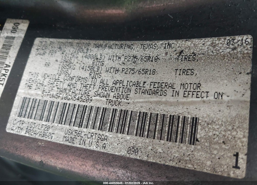 2016 TOYOTA TUNDRA TRD PRO 5.7L V8 VIN: 5TFUW5F10GX545209
