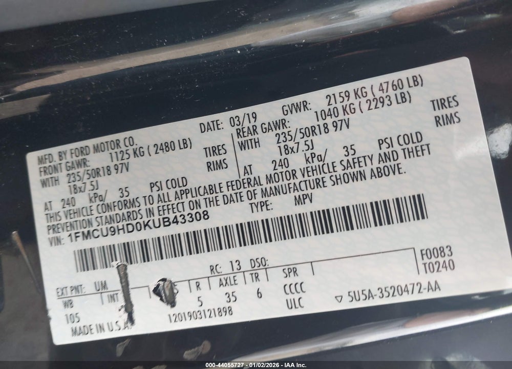 2019 FORD ESCAPE SEL VIN: 1FMCU9HD0KUB43308