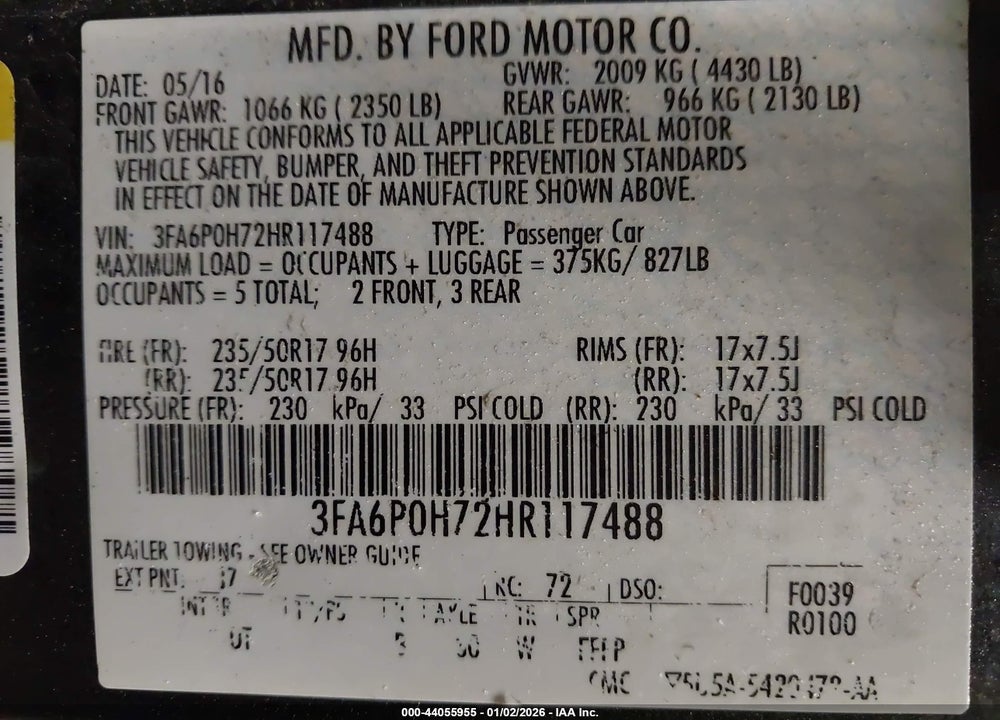 2017 FORD FUSION SE VIN: 3FA6P0H72HR117488